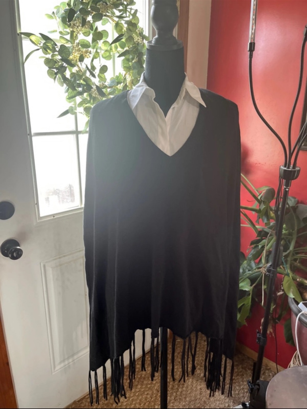 Black V-Neck Michael Koy Fringe Women’s Sweater Poncho
